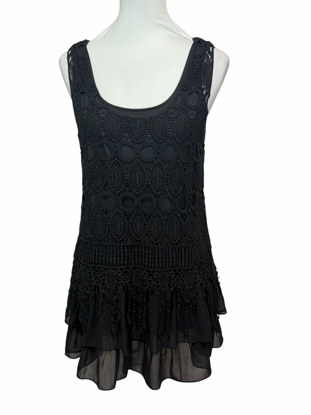 V Cristina Black Crochet & Chiffon Sleeveless Tunic
